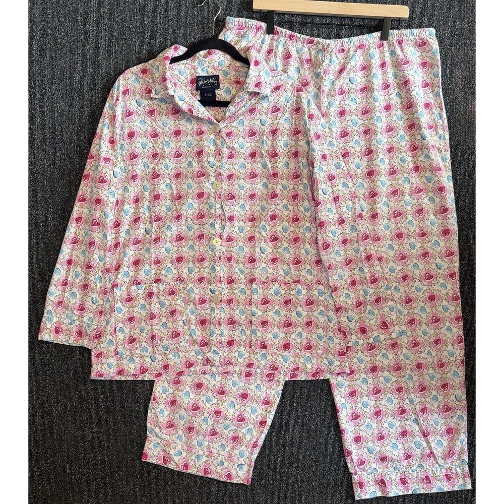 VTG Nick & Nora Strawberry Kisses Cotton Pajama Set Women’s Sz L Heart Print Y2K